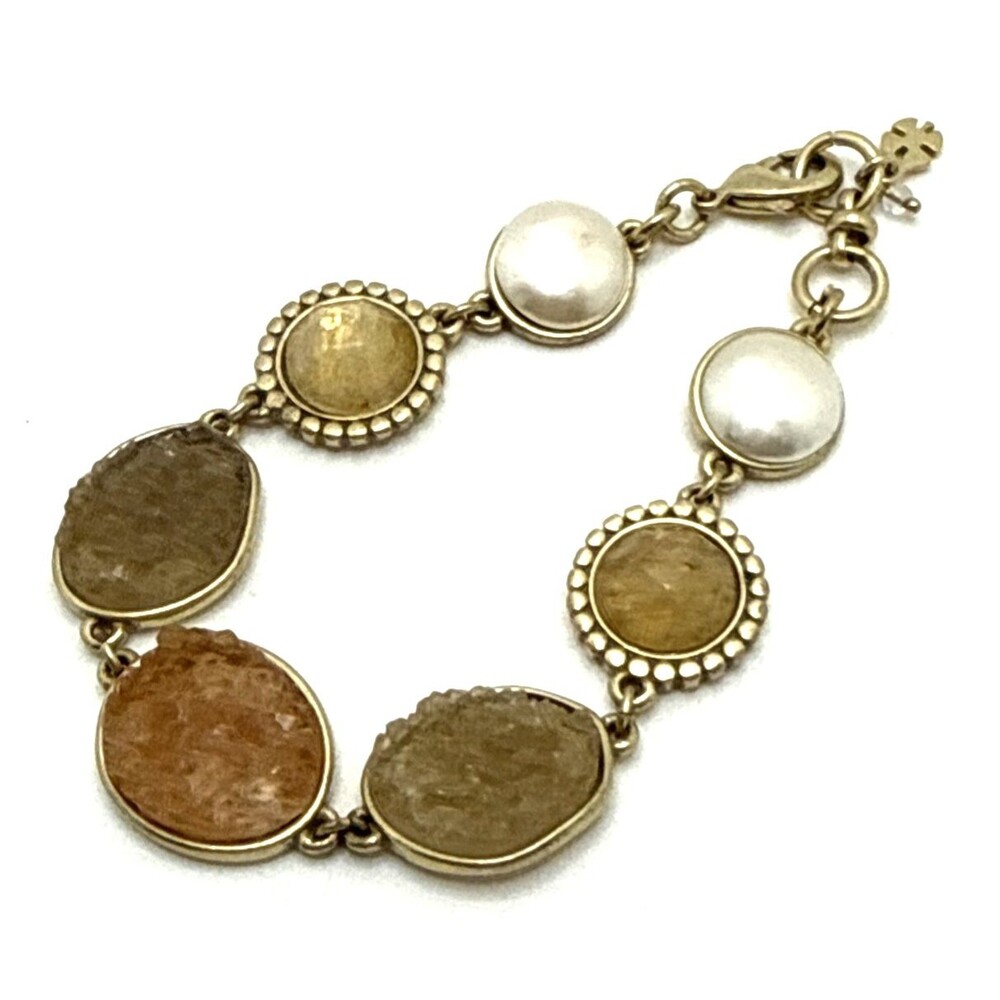 Lucky Brand Faux Druzy Pearl Link Bracelet Earth Tones Geode Gold Tone 7.5"-8"